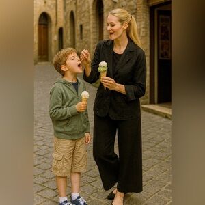 Olsen Europe black short button blazer with shorter sleeves w/ slits, back panel